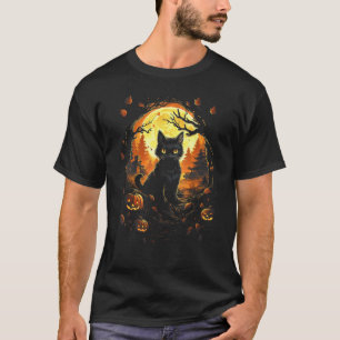 Black Cat With Jackolantern and Full Moon - Hallow T-Shirt