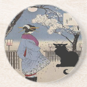 Black Cat With Japanese Lady Coaster