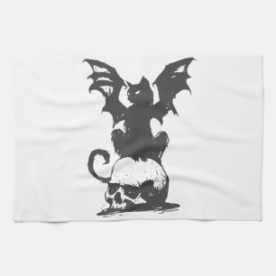 black cat with monster wings - Choose back color Kitchen Towel