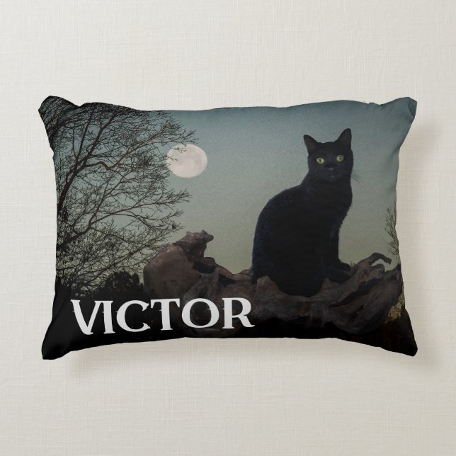 Black Cat With Moon on Tree Limb Custom Name Accent Pillow (Front)