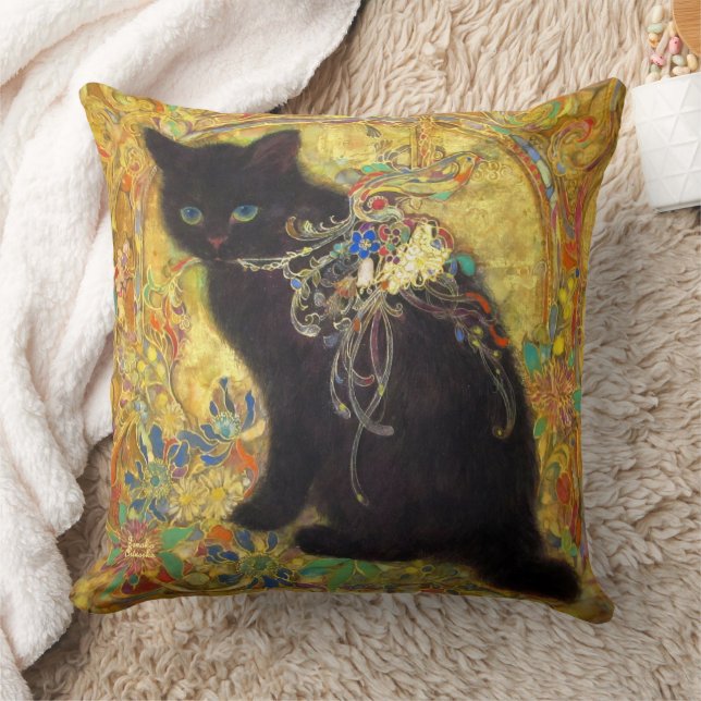 Black cat with mysterious eyes throw pillow (Blanket)