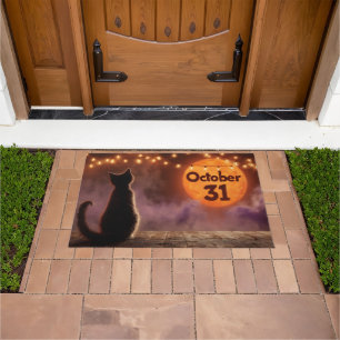 Black Cat with "October 31" Halloween Moon Doormat