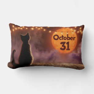 Black Cat with "October 31" Halloween Moon Lumbar Pillow