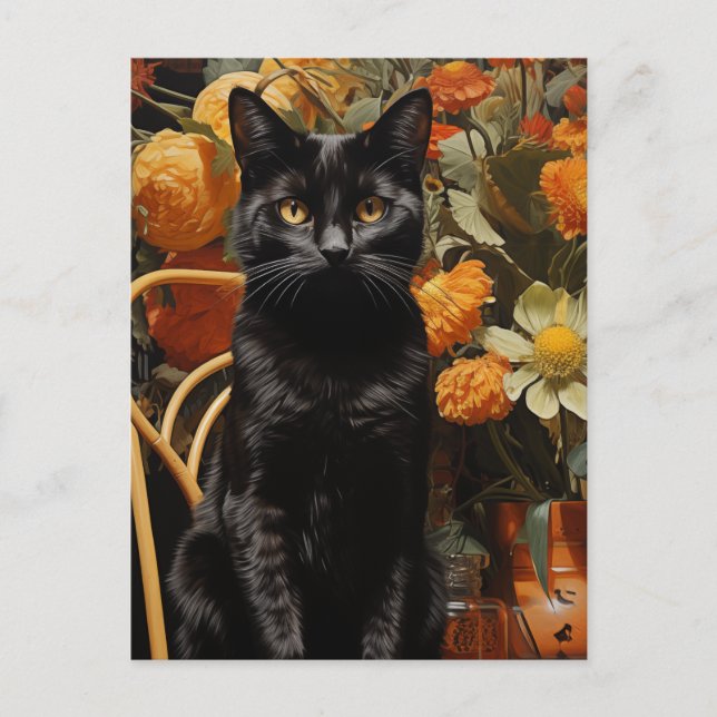 Black Cat With Orange Flowers Postcard (Front)