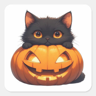 Black Cat With Orange Pumpkin Display Square Sticker