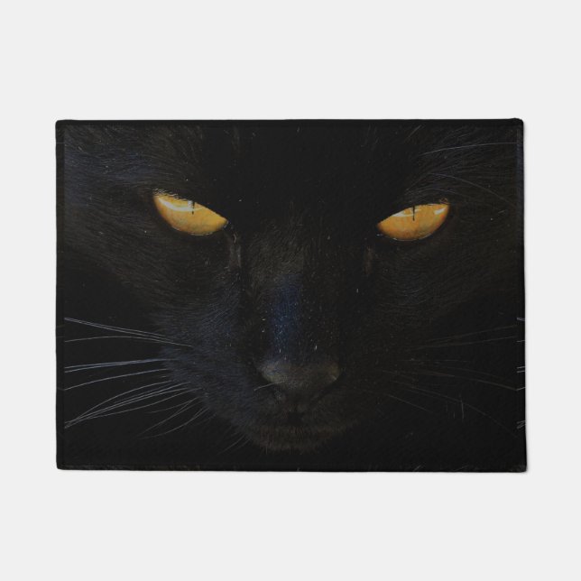 Black Cat with Piercing Yellow Eyes Door Mat (Front)