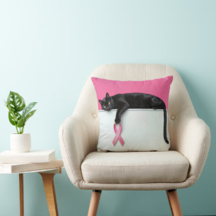 Black Cat with Pink Breast Cancer Awareness Ribbon Throw Pillow
