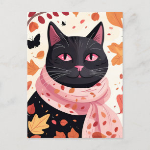 Black cat with pink eyes wearing a scarf postcard