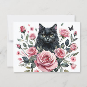 Black Cat with Pink Roses Watercolor Postcard 