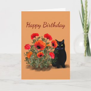 Black Cat with Poppies Birthday Card