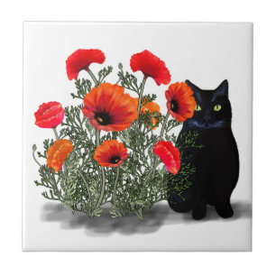 Black Cat with Poppies Tile