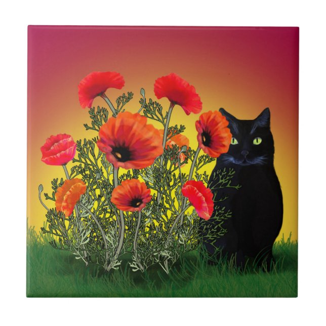 Black Cat with Poppies Tile (Front)