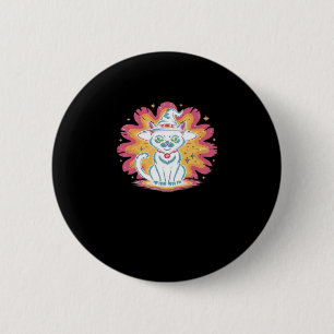 Black Cat with Psychedelic Flower Oversized T-Shir 2 Inch Round Button