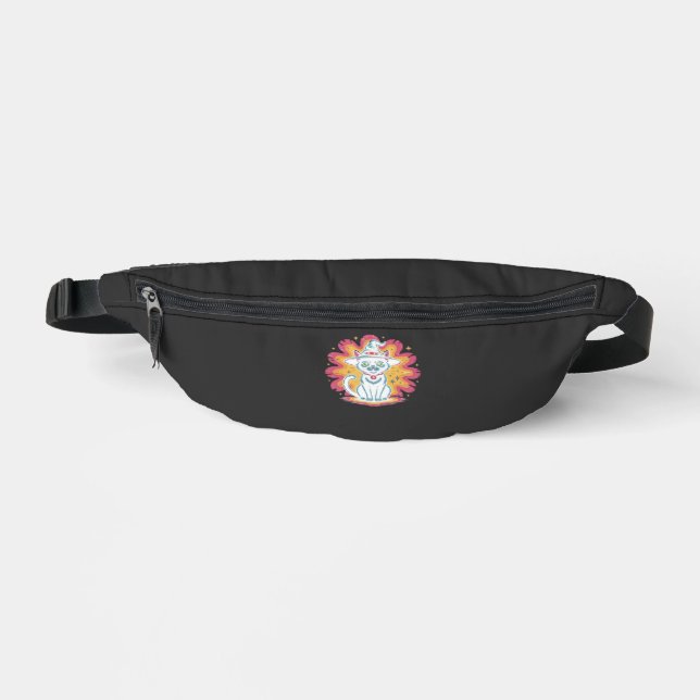 Black Cat with Psychedelic Flower Oversized T-Shir Fanny Pack (Front)
