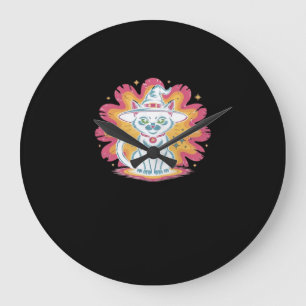 Black Cat with Psychedelic Flower Oversized T-Shir Large Clock