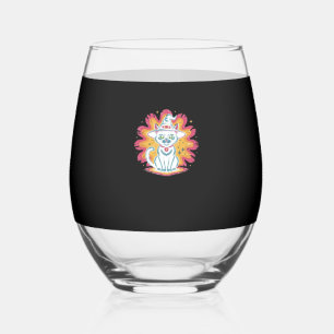 Black Cat with Psychedelic Flower Oversized T-Shir Stemless Wine Glass