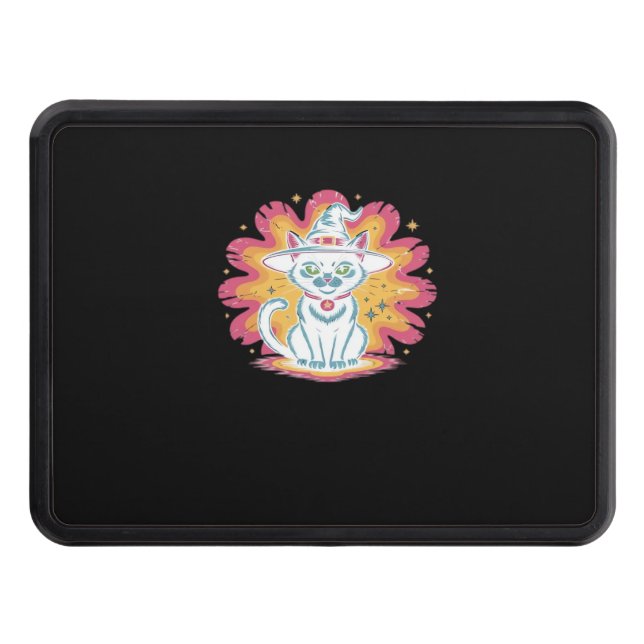 Black Cat with Psychedelic Flower Oversized T-Shir Trailer Hitch Cover (Front)
