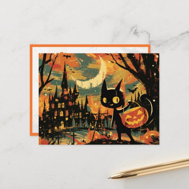 Black Cat with Pumpkin Bucket by the Castle Postcard (Front/Back In Situ)