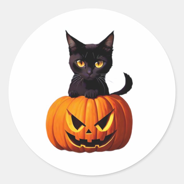 Black Cat with Pumpkin Cute Kawaii Animals Pets Classic Round Sticker (Front)