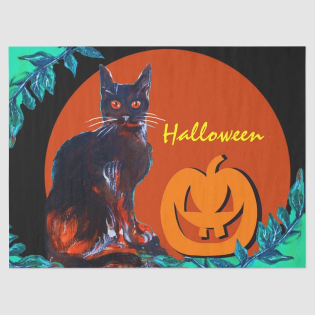 BLACK CAT WITH PUMPKIN IN HALLOWEEN NIGHT TISSUE PAPER (Front)