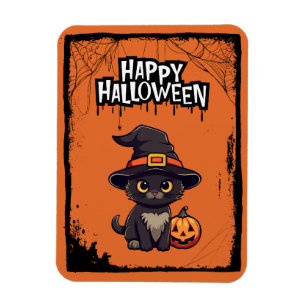Black Cat With Pumpkin Jack O Lantern Halloween Magnet