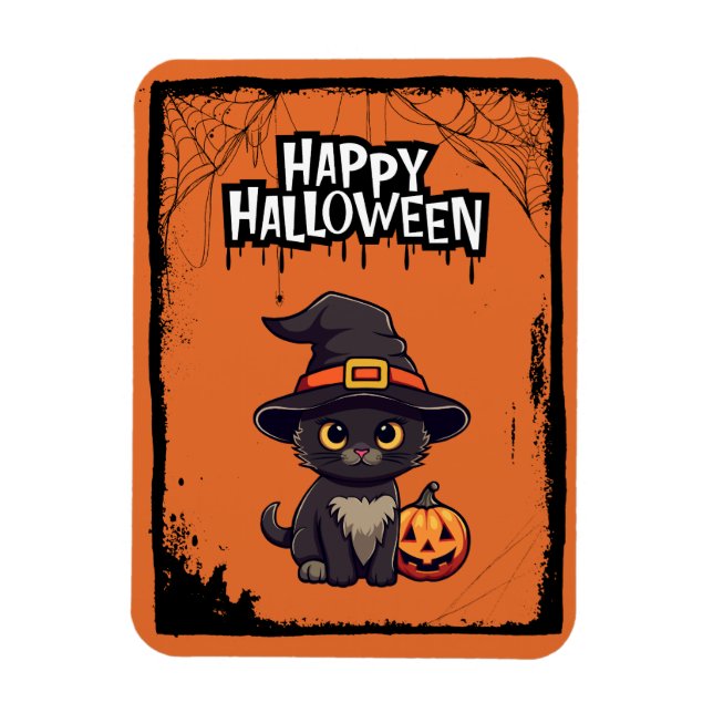 Black Cat With Pumpkin Jack O Lantern Halloween Magnet (Vertical)