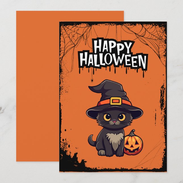Black Cat With Pumpkin Jack O' Lantern Holiday Card (Front/Back)