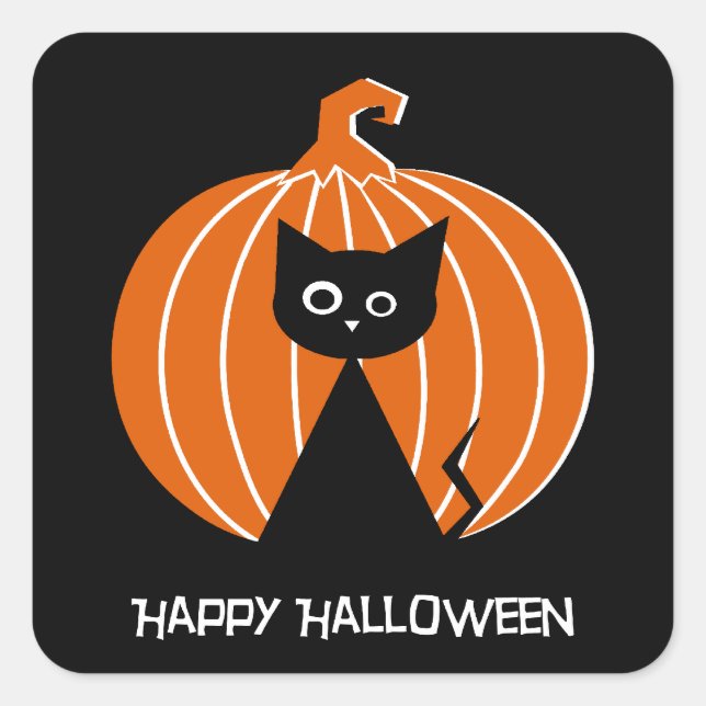Black Cat with Pumpkin Square Sticker (Front)