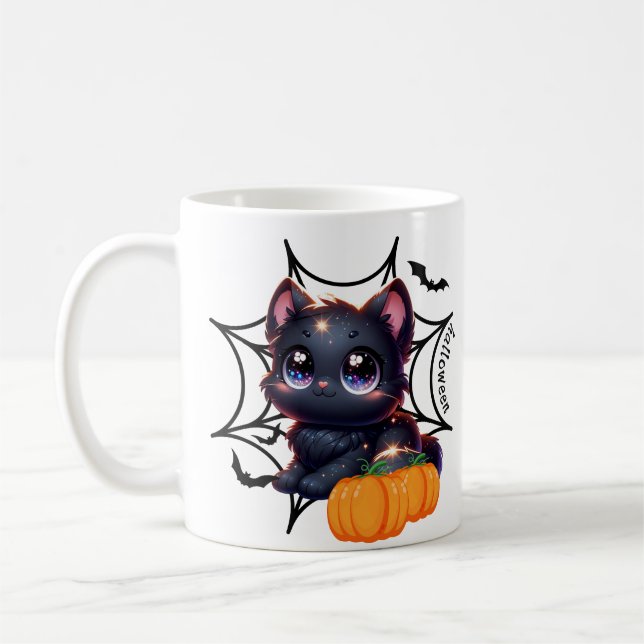 Black Cat with Pumpkins and Spiderwebs Mug (Left)