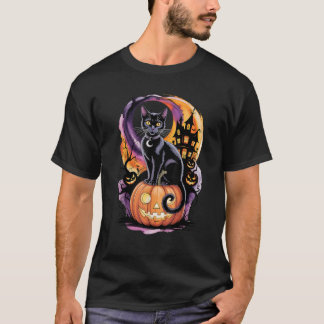 black cat with pumpkins under full moon on hallowe T-Shirt