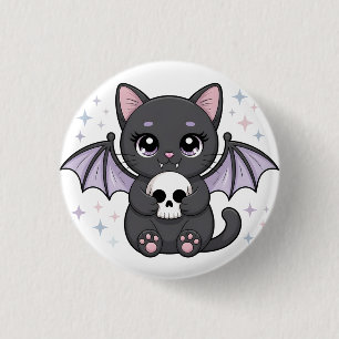 Black Cat with Purple Bat Wings Hugging a Skull 1 Inch Round Button