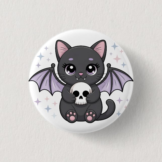 Black Cat with Purple Bat Wings Hugging a Skull 1 Inch Round Button (Front)