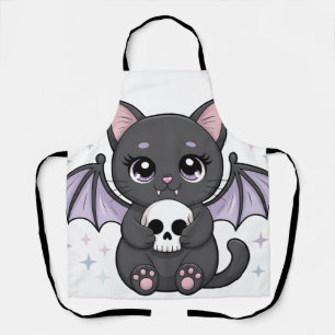 Black Cat with Purple Bat Wings Hugging a Skull Apron