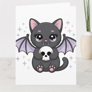 Black Cat with Purple Bat Wings Hugging a Skull Card