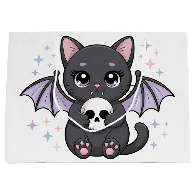 Black Cat with Purple Bat Wings Hugging a Skull Large Gift Bag (Front)