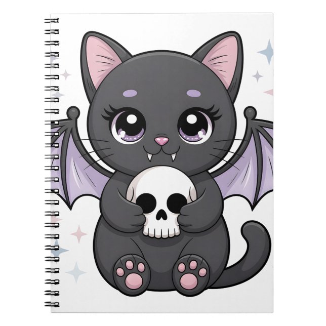 Black Cat with Purple Bat Wings Hugging a Skull Notebook (Front)