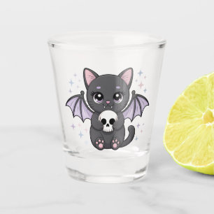 Black Cat with Purple Bat Wings Hugging a Skull Shot Glass