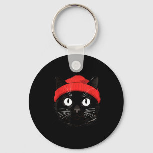 Black Cat With Red Beanie Vintage Design Keychain