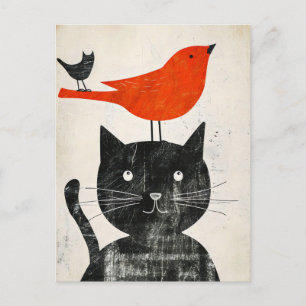 Black Cat with Red Bird and Hybrid Creature Postcard