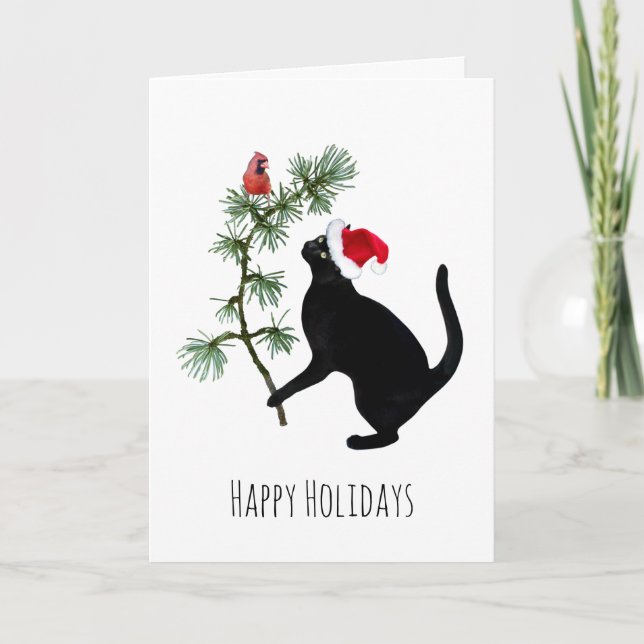 Black Cat with Red Bird in Tree Christmas Card (Front)