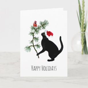 Black Cat with Red Bird in Tree Christmas Card