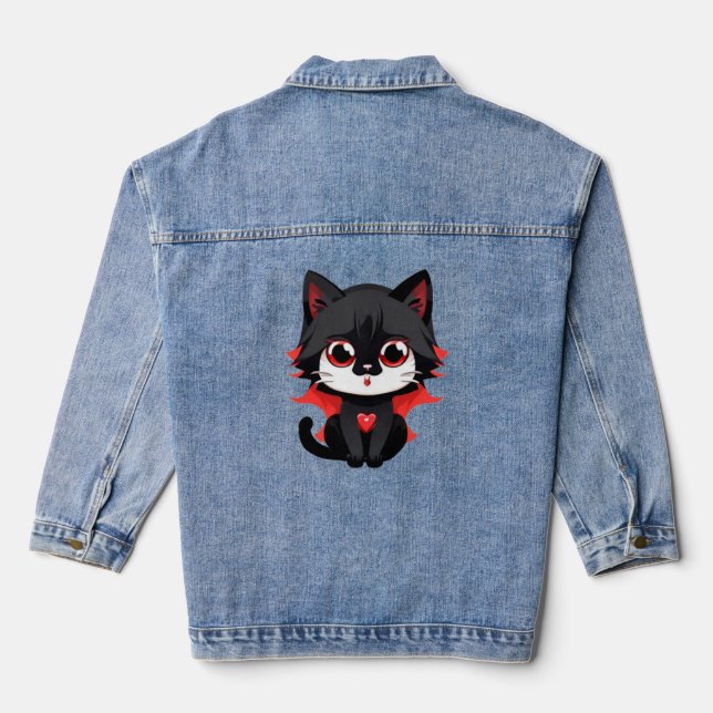 Black cat with red colour   denim jacket (Back)