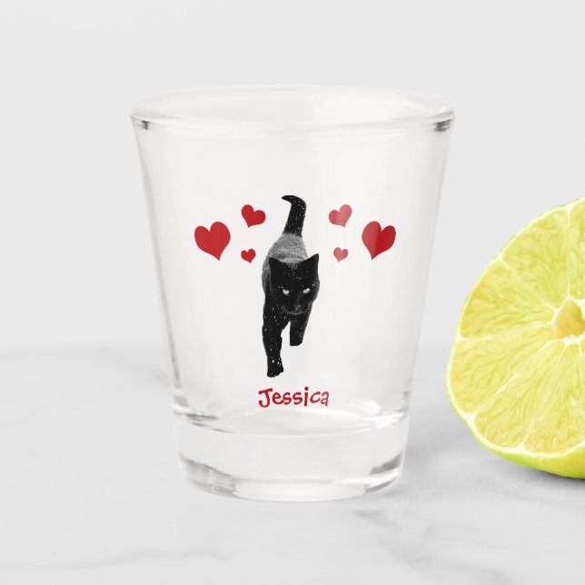 Black Cat with Red Hearts Personalized Name Shot Glass (Front)