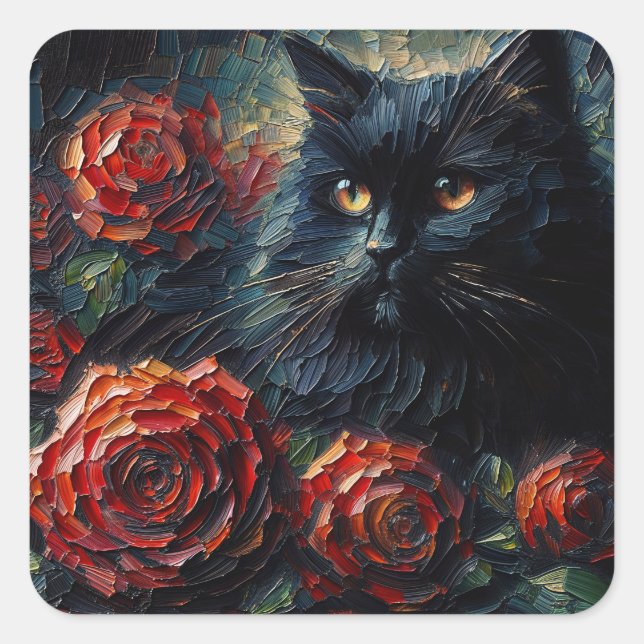Black Cat With Red Roses Art Square Sticker (Front)