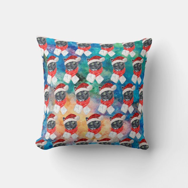 Black Cat with Red Scarf Funny Christmas Throw Pillow (Front)