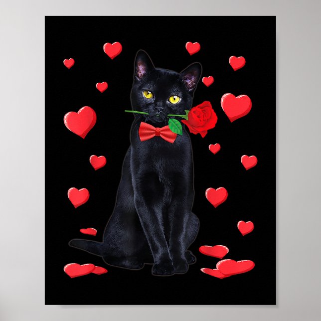Black Cat With Rose Valentines Shirt Valentine Cat Poster (Front)