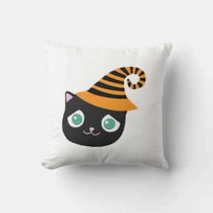 Black Cat with Sad Eyes and Whimsical Hat Throw Pillow