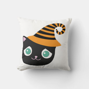 Black Cat with Sad Eyes and Whimsical Hat Throw Pillow