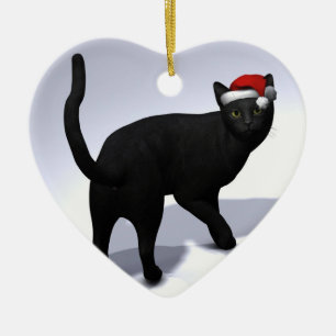 Black Cat with Santa Cap Ceramic Ornament