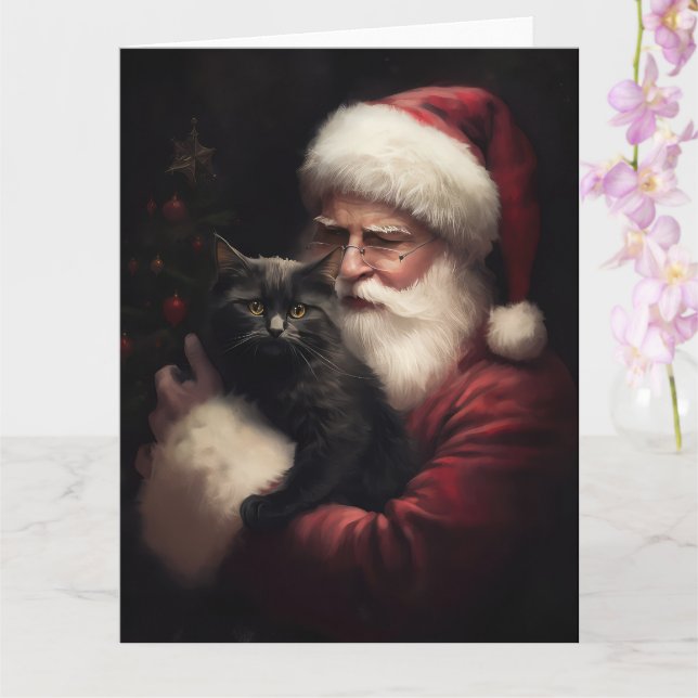 Black Cat With Santa Claus Festive Christmas  Card (Orchid)